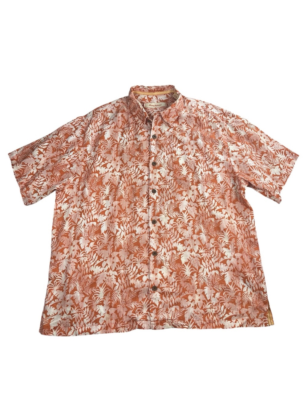 Tommy Bahama Mens XL 100% Linen Orange Floral Hawaiian Shirt Button Up Summer